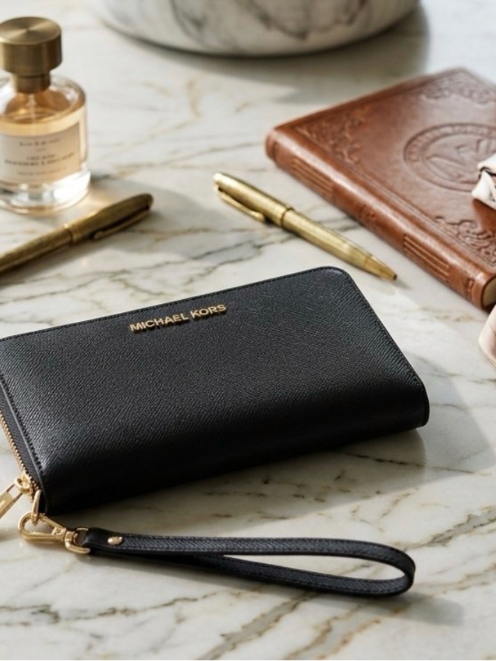 Michael Kors Black Saffiano Leather Zip Wristlet Wallet with Gold Hardware